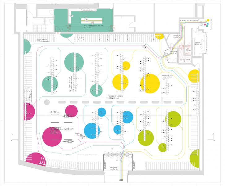 Plan, Innenansicht des Fahrradparkhauses. Bauplan, der die bunten Flächen im Parkhaus widerspiegelt.