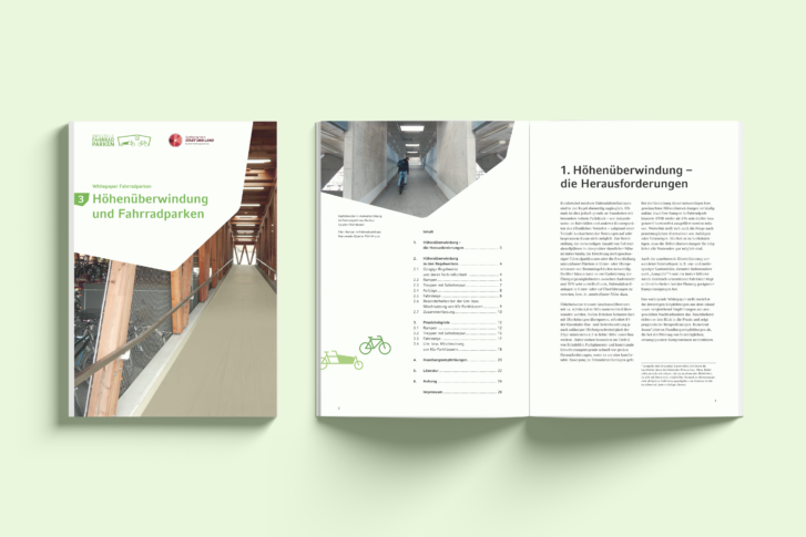 Cover des Whitepaper 3 sowie Blick in die Publikation mit Inhaltsverzeichnis. Das Whitepaper trägt unter der Nummer 3 den Titel "Höhenüberwindung und Fahrradparken"